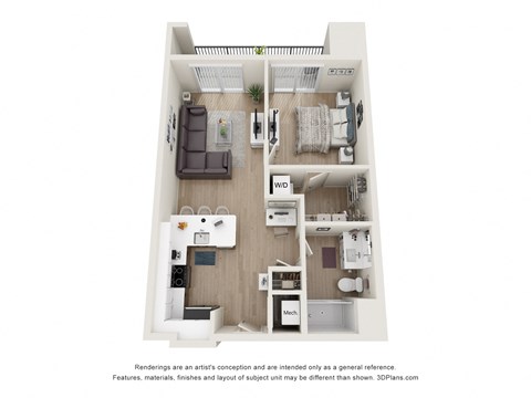 Floor plan for 1 bed, 1 bath, 716 sqft